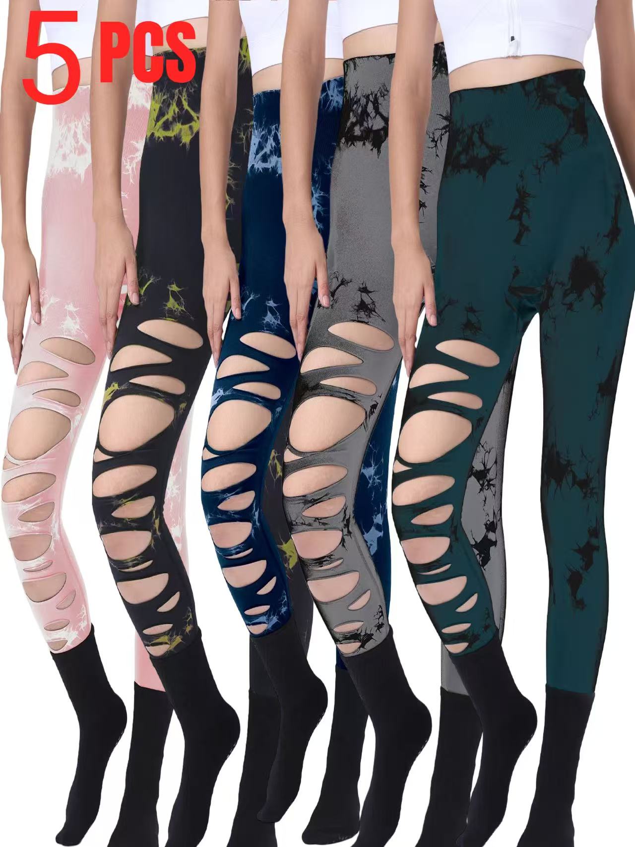 5 Pack Wholesale Fashion Women Sports Yoga High Waist Tie Dye Print Ripped Hollow Leggings Pants