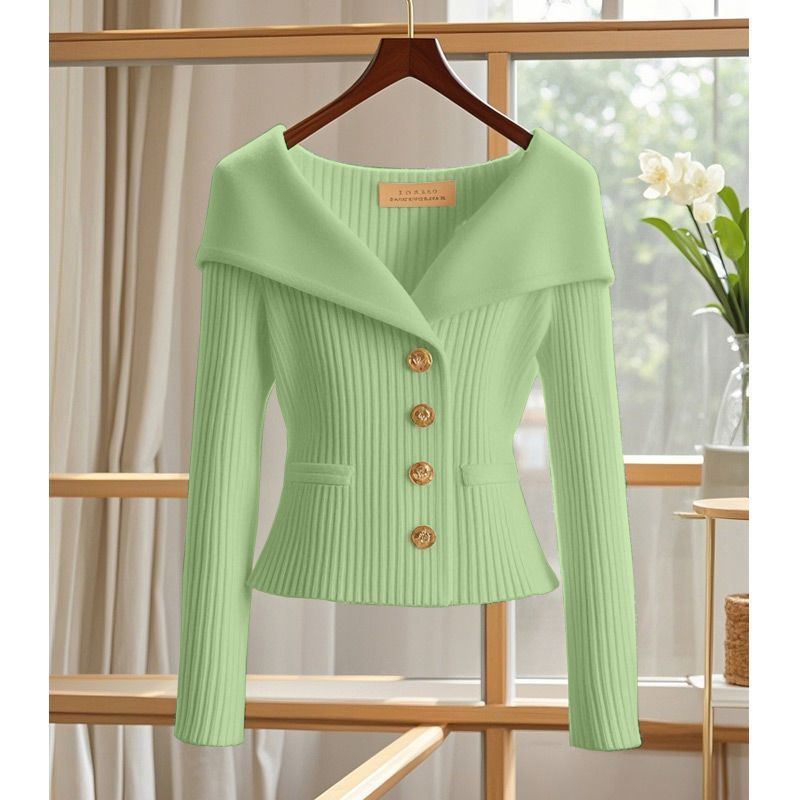 Knitted cardigan top design with button closure and waist closure sweater
