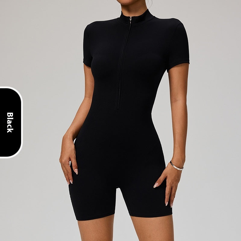 Zipper Short Sleeve Yoga Jumpsuit Women's Sports Jumpsuit