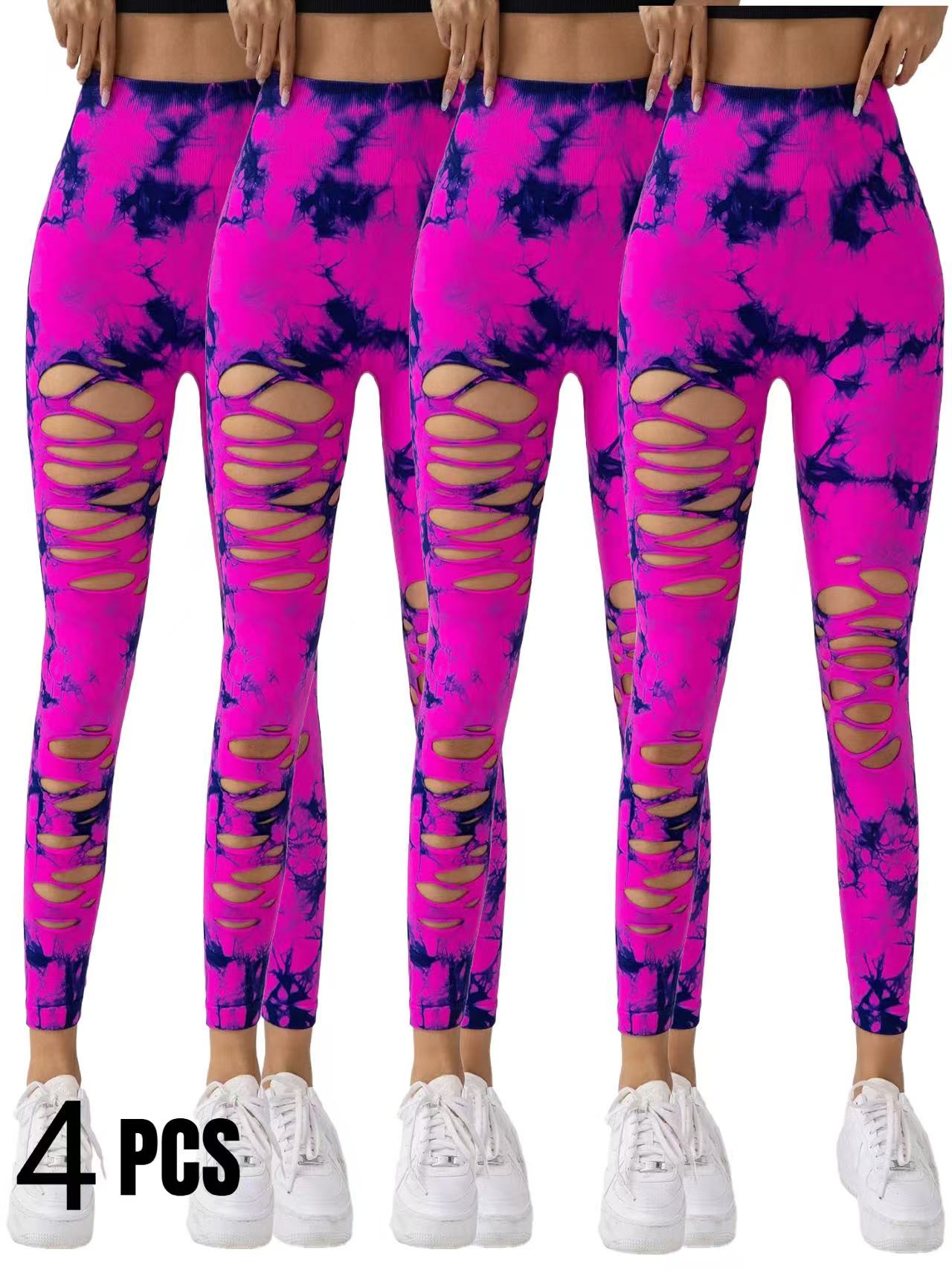 4 Pack New Style Hollow-Out Tie-Dye High-Waisted Tummy-Control Yoga Pants