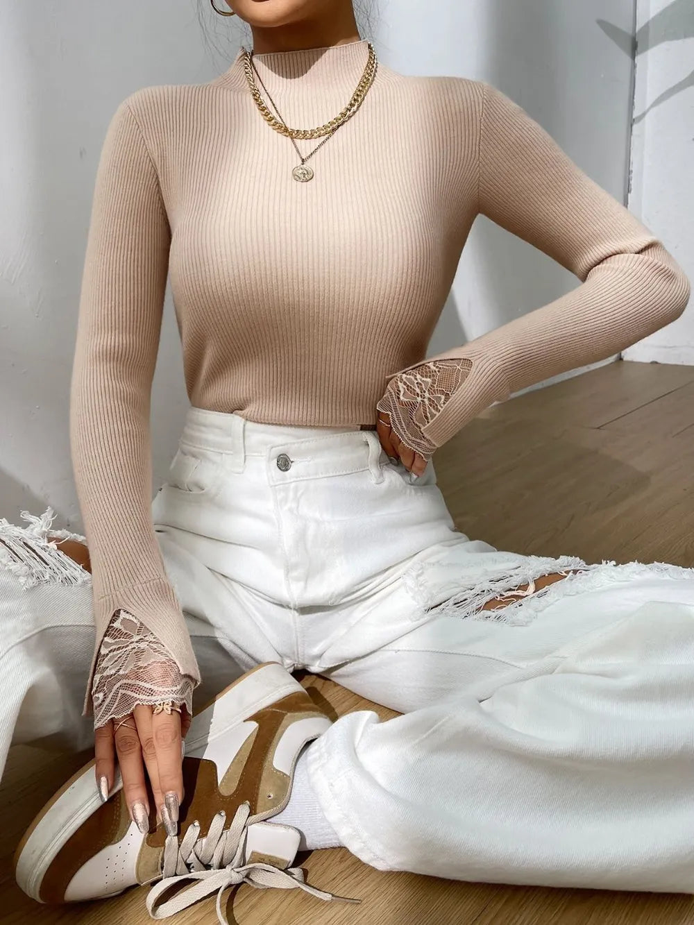 High neck solid color knitted base sweater with lace cuffs and slit long sleeves sweater