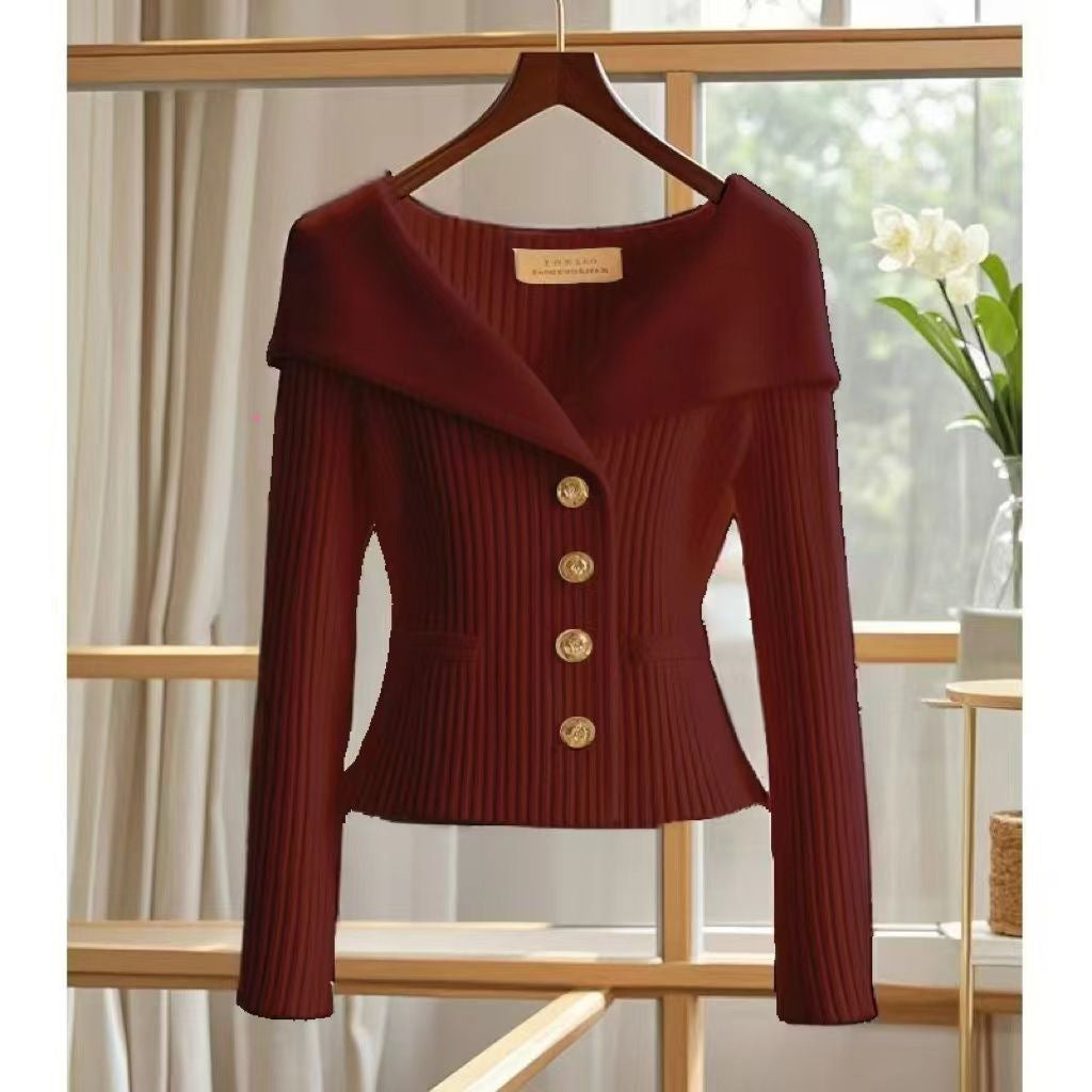 Knitted cardigan top design with button closure and waist closure sweater