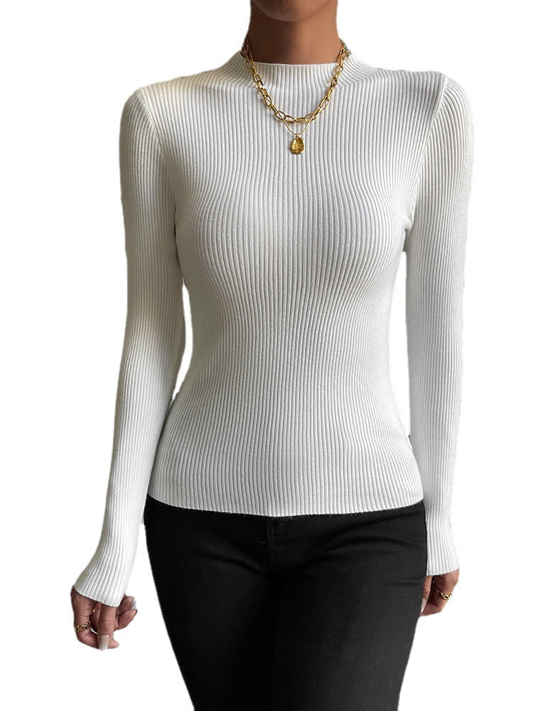 Autumn and Winter Women's Wear Slim Soft Half High Collar Knit Shirt Elastic with Casual Long Buckle Solid