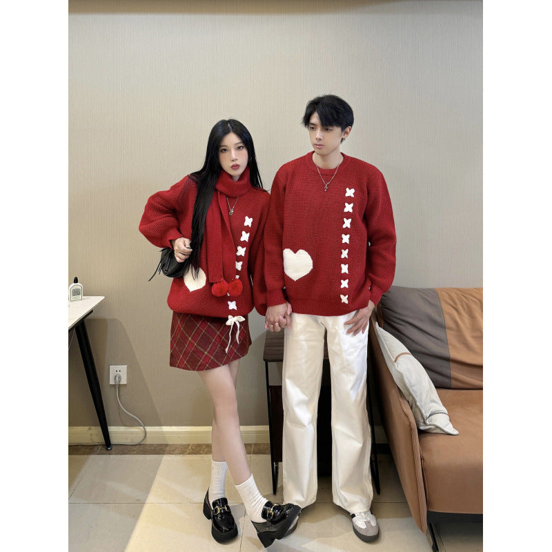 Heart Tie Sweater Couple Set Autumn Winter College Style New Year Christmas with Scarf Two-Piece Set