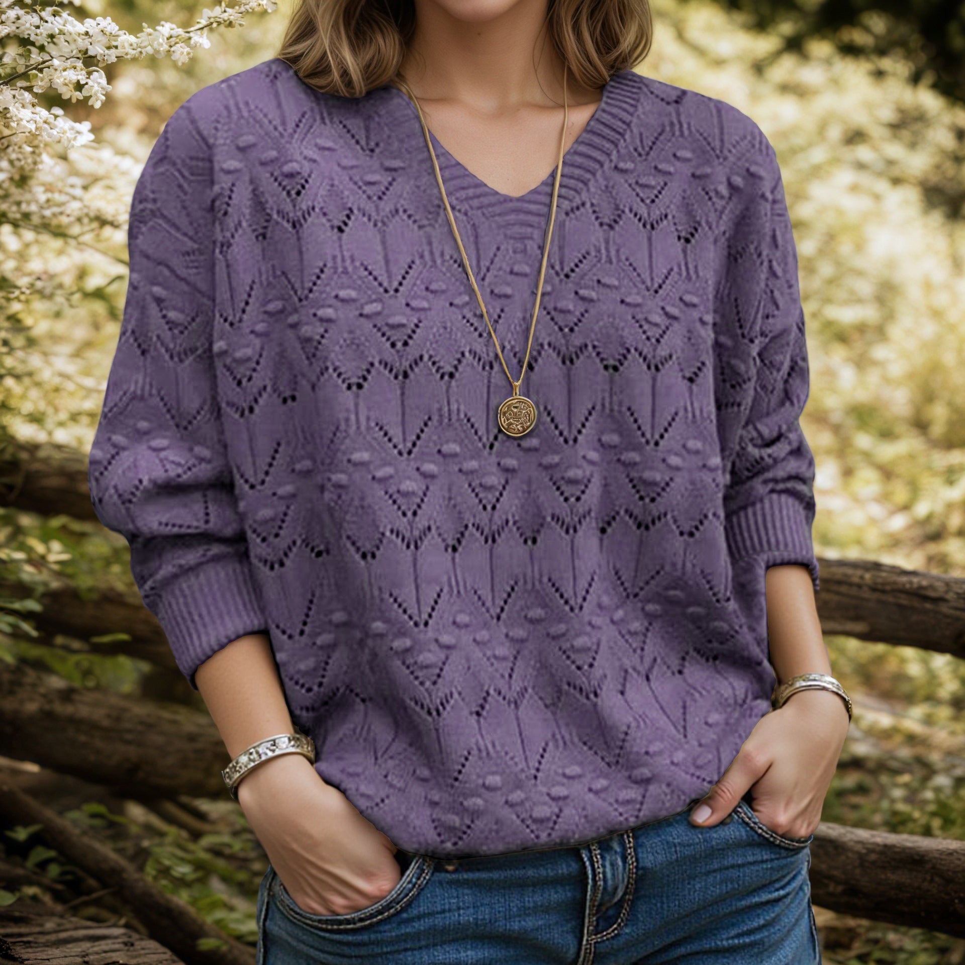 V-neck long sleeved solid color top with hollowed out pullover sweater for women