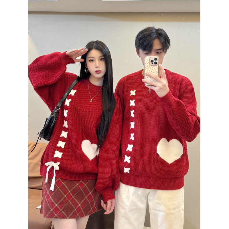 Heart Tie Sweater Couple Set Autumn Winter College Style New Year Christmas with Scarf Two-Piece Set