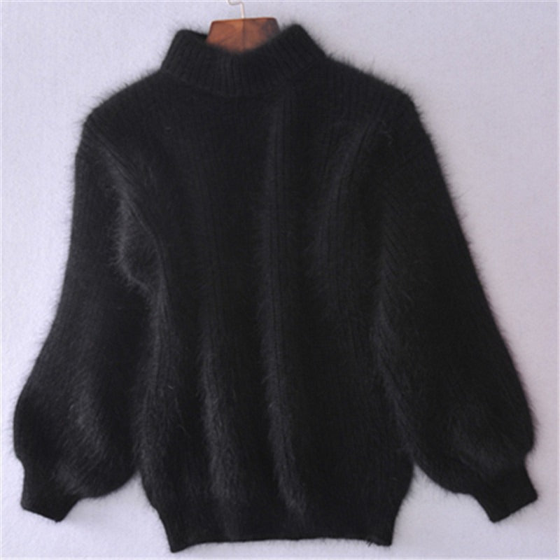 Korean version lantern sleeve imitation mink fur semi high neck loose solid color knitted sweater pullover sweater for women