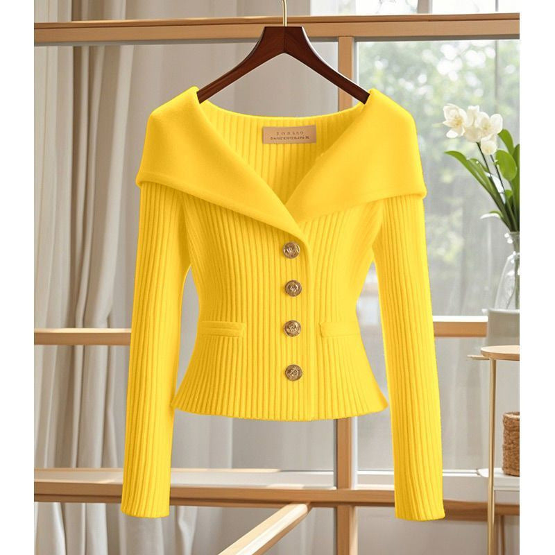 Knitted cardigan top design with button closure and waist closure sweater