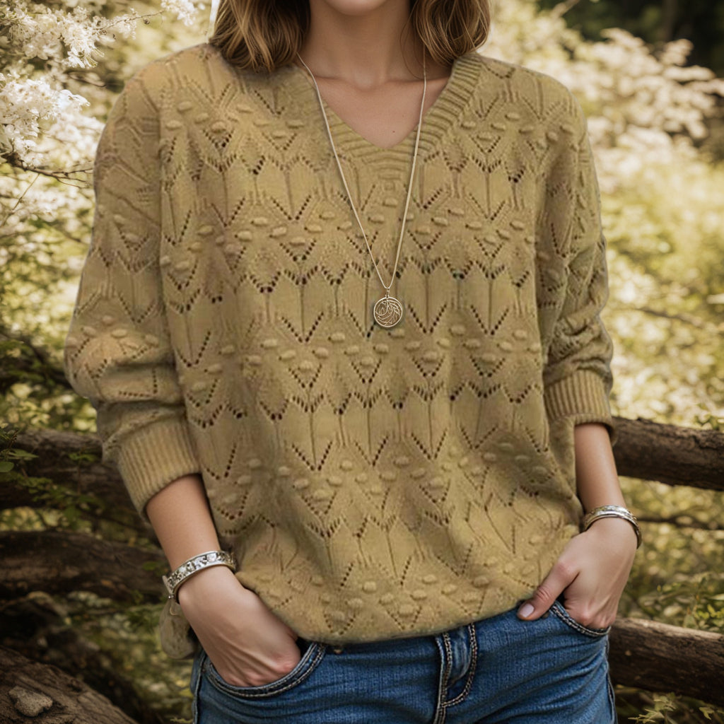 V-neck long sleeved solid color top with hollowed out pullover sweater for women