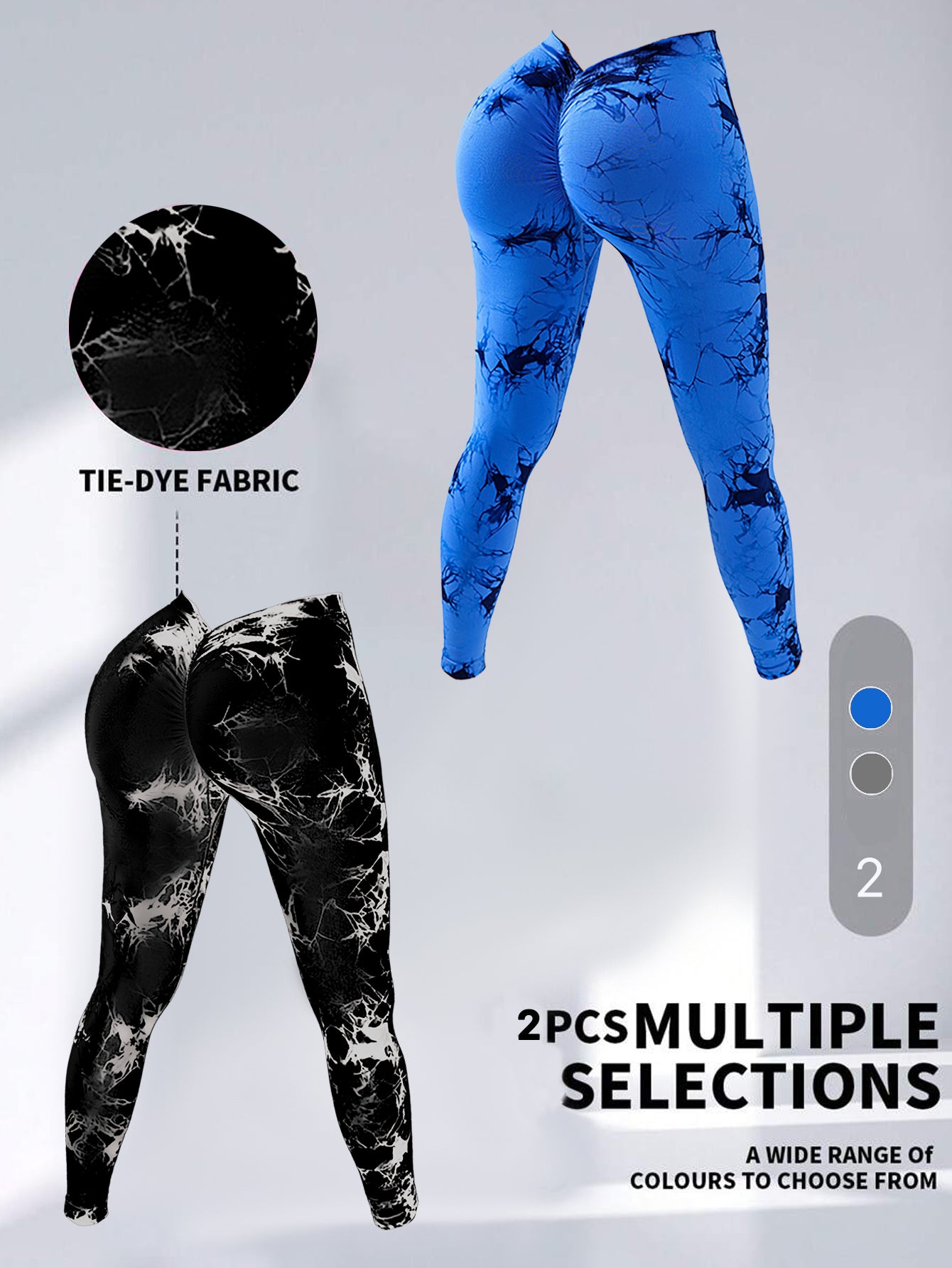 2 Pack Tie-Dye High Waist V-Back Yoga Leggings, Peach-Hip Enhancing Athleisure Tights, Sport Style Fitness Pants