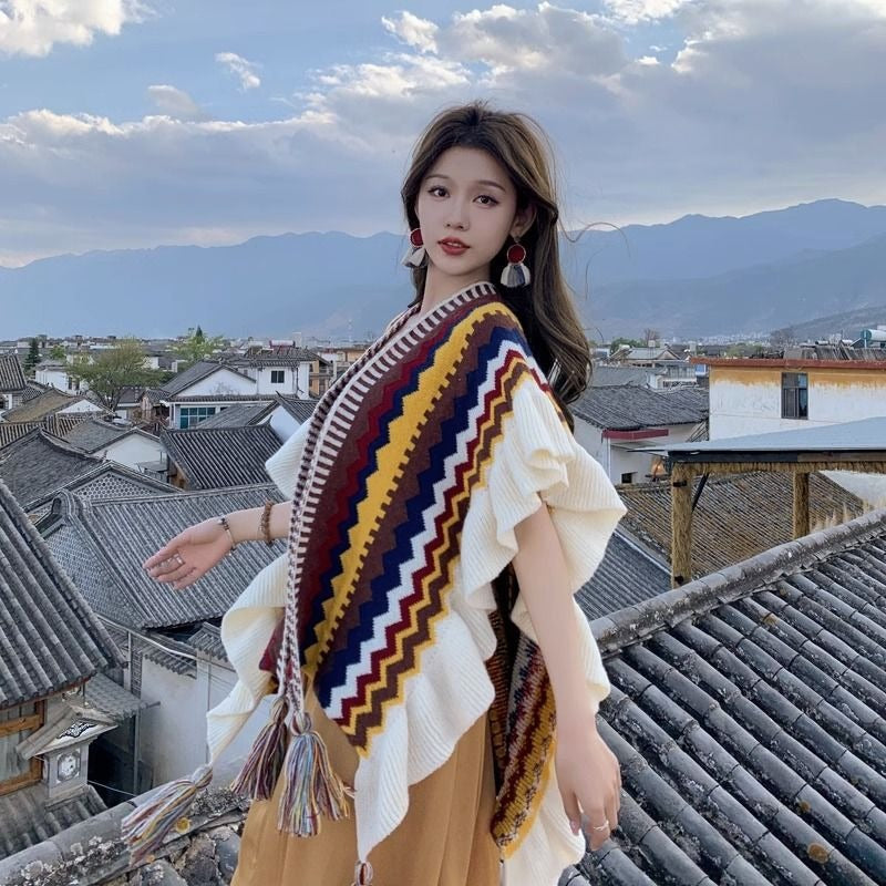 Women Sweater Bohemia Ruffles Printing Cardigans Sweaters Irregular Vintage Fashion Knitting Print Knitting Tops