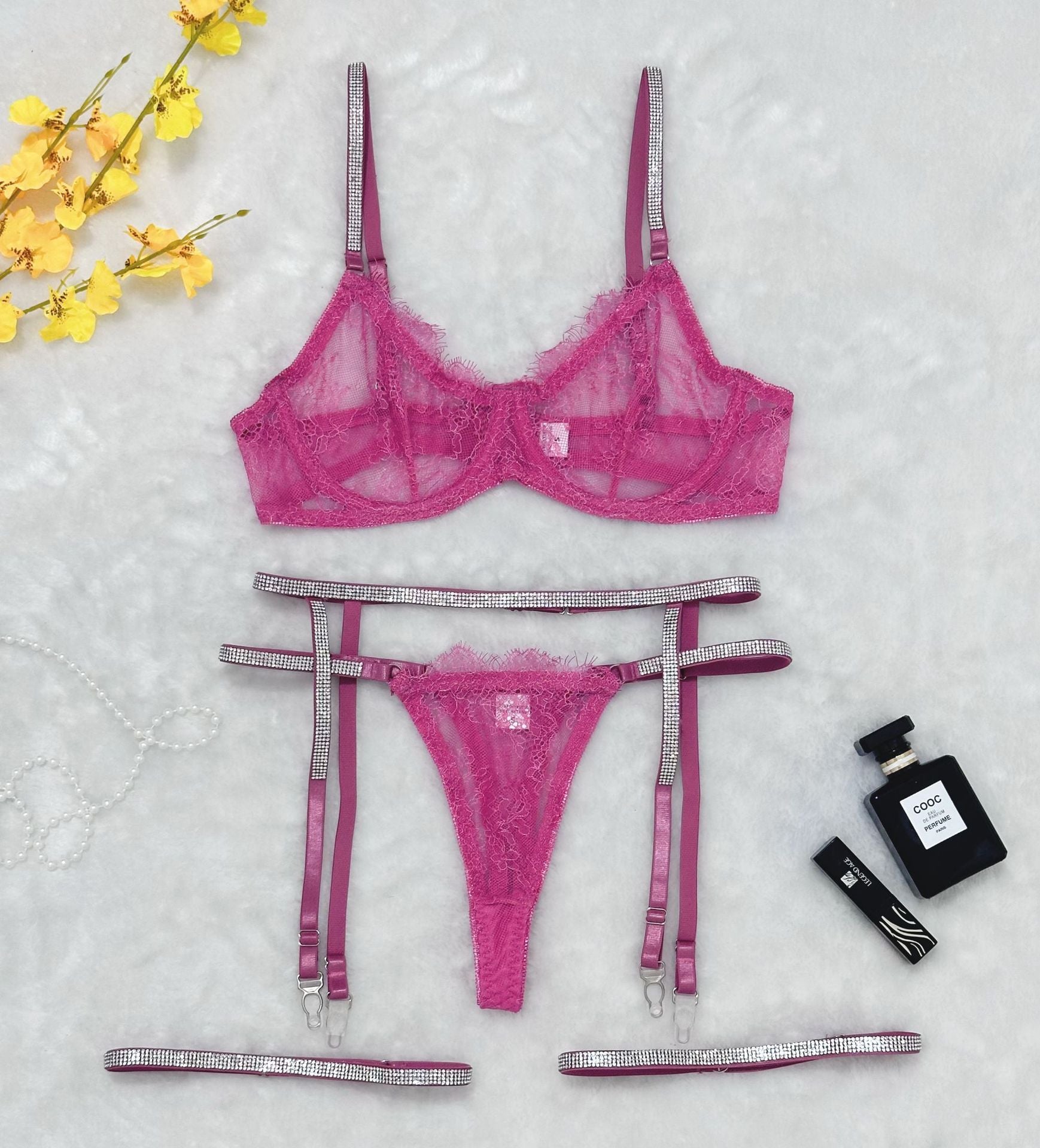 Cross-border Sexy Lingerie Lace Trim Rhinestone Transparent Thong Garter Belt Four-piece Set
