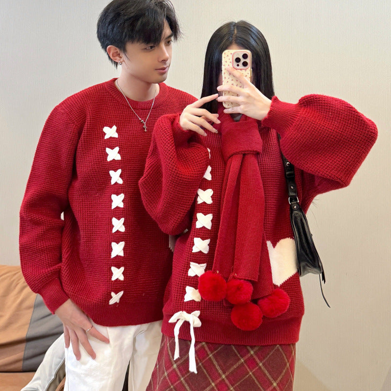 Heart Tie Sweater Couple Set Autumn Winter College Style New Year Christmas with Scarf Two-Piece Set