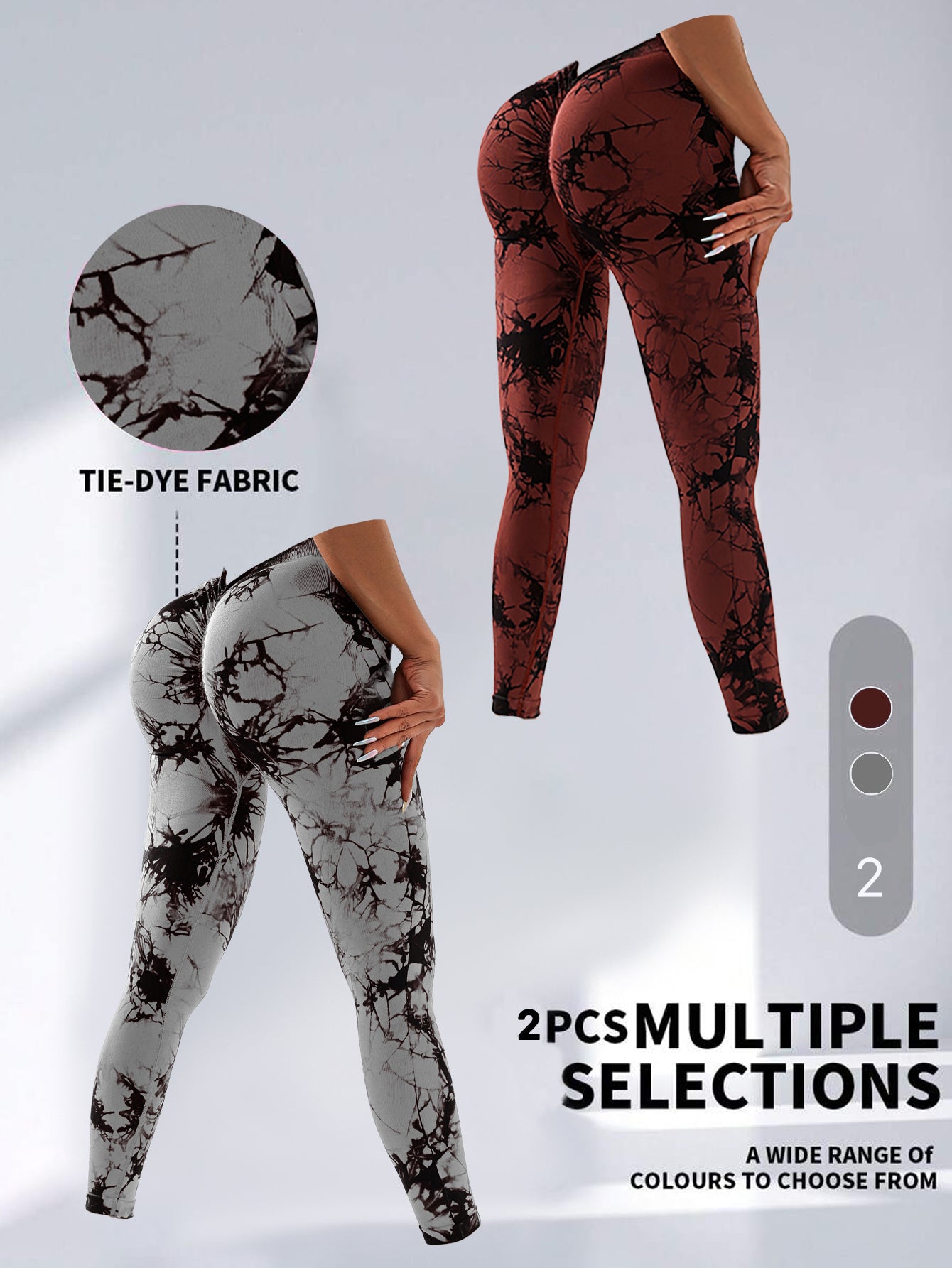 2 Pack Tie-Dye High Waist V-Back Yoga Leggings, Peach-Hip Enhancing Athleisure Tights, Sport Style Fitness Pants