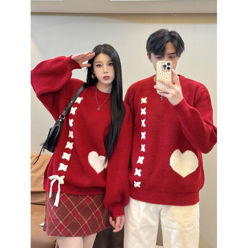 Heart Tie Sweater Couple Set Autumn Winter College Style New Year Christmas with Scarf Two-Piece Set