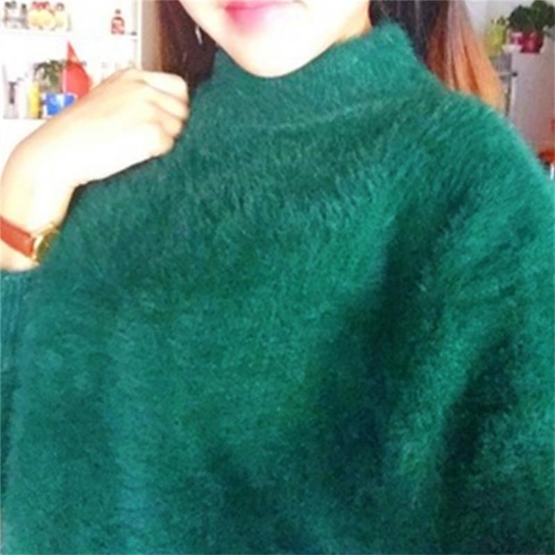 Korean version lantern sleeve imitation mink fur semi high neck loose solid color knitted sweater pullover sweater for women