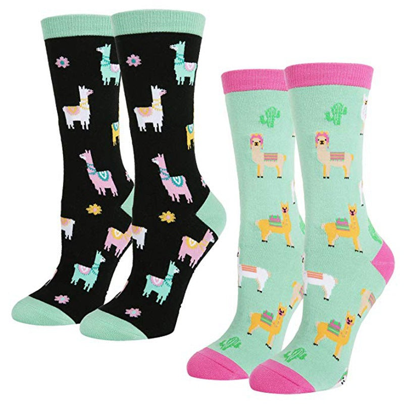 Alpaca Cartoon Printing Casual Women's Tube Socks Pure Cotton Holiday Gift Socks