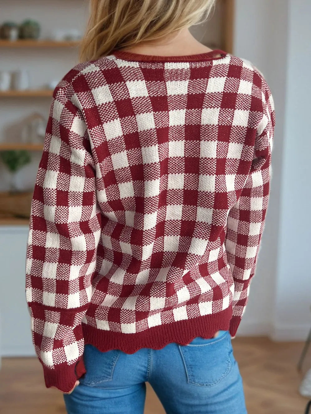 Cardigan Donna Quadri Scollo V Bottoni