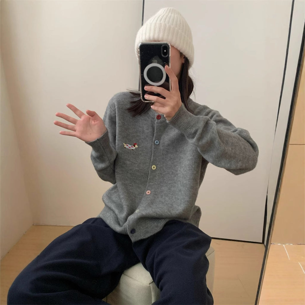 Maglione Donna Ricamo Cane Colorato Girocollo