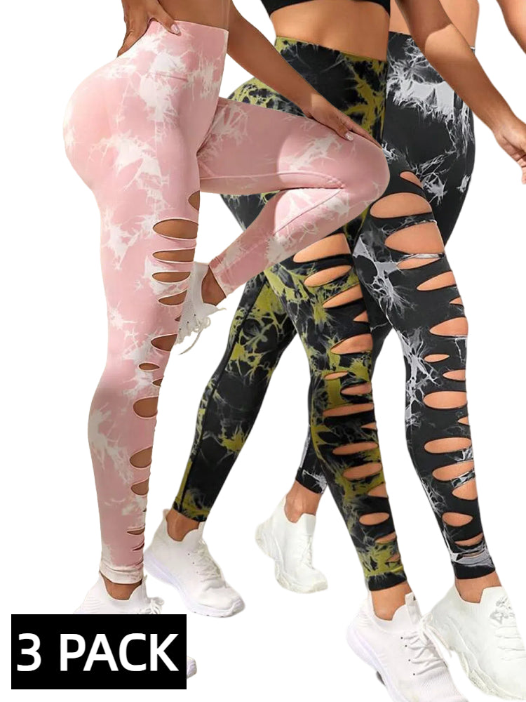 3 PACK Butt Lifting Yoga Gym Athletic Pants, Hollow Out Tummy Control Sports Leggings Tie Dye Running Pants