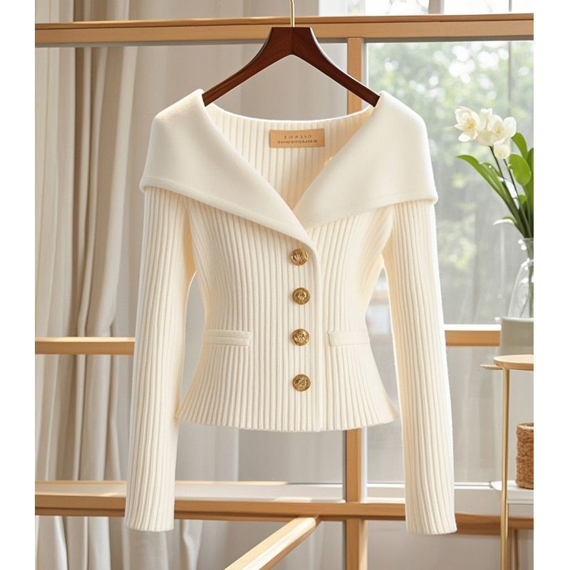 Knitted cardigan top design with button closure and waist closure sweater