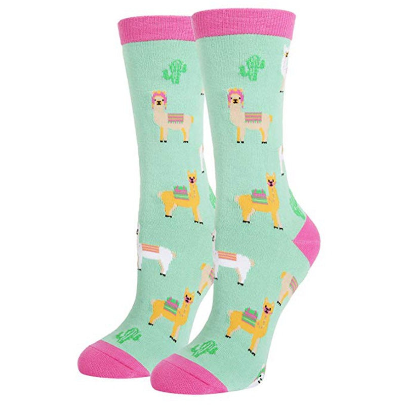 Alpaca Cartoon Printing Casual Women's Tube Socks Pure Cotton Holiday Gift Socks