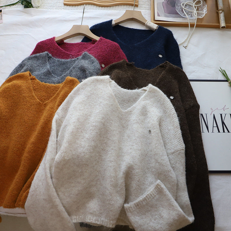 V-Neck Loose Slimming Soft Knit Sweater for Women