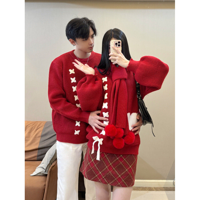 Heart Tie Sweater Couple Set Autumn Winter College Style New Year Christmas with Scarf Two-Piece Set