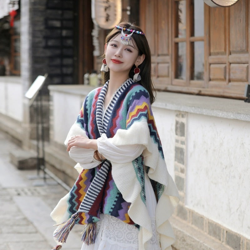Women Sweater Bohemia Ruffles Printing Cardigans Sweaters Irregular Vintage Fashion Knitting Print Knitting Tops