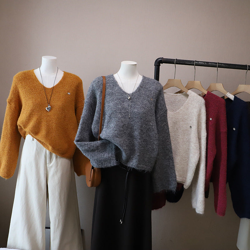 V-Neck Loose Slimming Soft Knit Sweater for Women