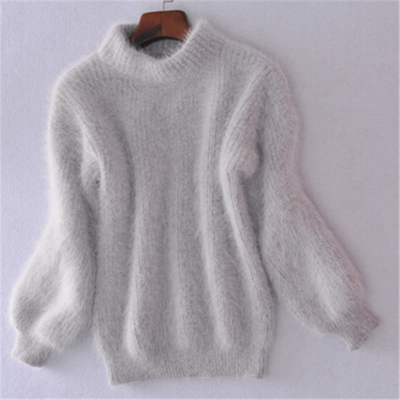 Korean version lantern sleeve imitation mink fur semi high neck loose solid color knitted sweater pullover sweater for women