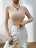 High neck solid color knitted base sweater with lace cuffs and slit long sleeves sweater