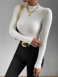 Autumn and Winter Women's Wear Slim Soft Half High Collar Knit Shirt Elastic with Casual Long Buckle Solid