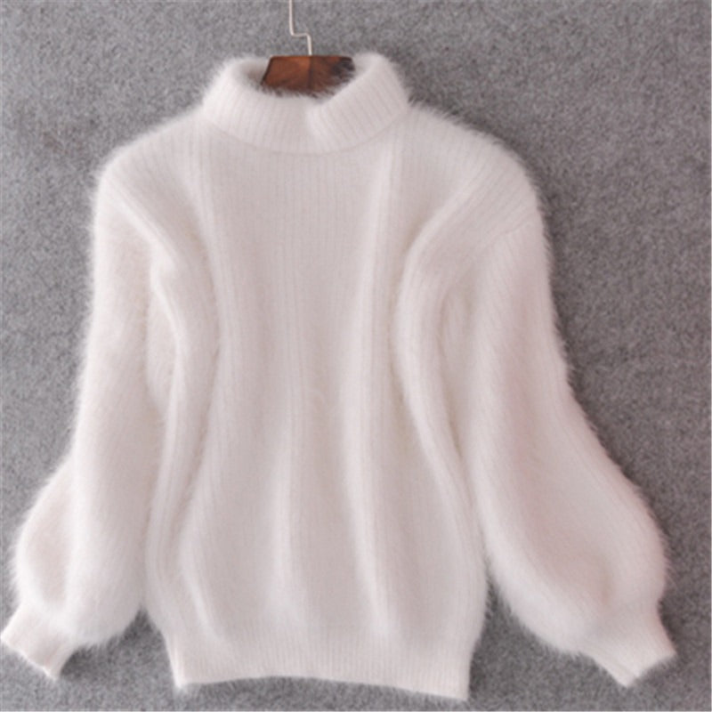 Korean version lantern sleeve imitation mink fur semi high neck loose solid color knitted sweater pullover sweater for women