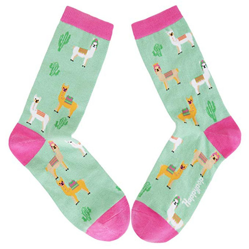Alpaca Cartoon Printing Casual Women's Tube Socks Pure Cotton Holiday Gift Socks