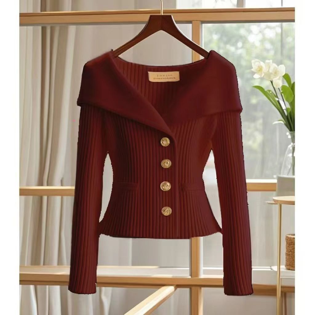 Knitted cardigan top design with button closure and waist closure sweater