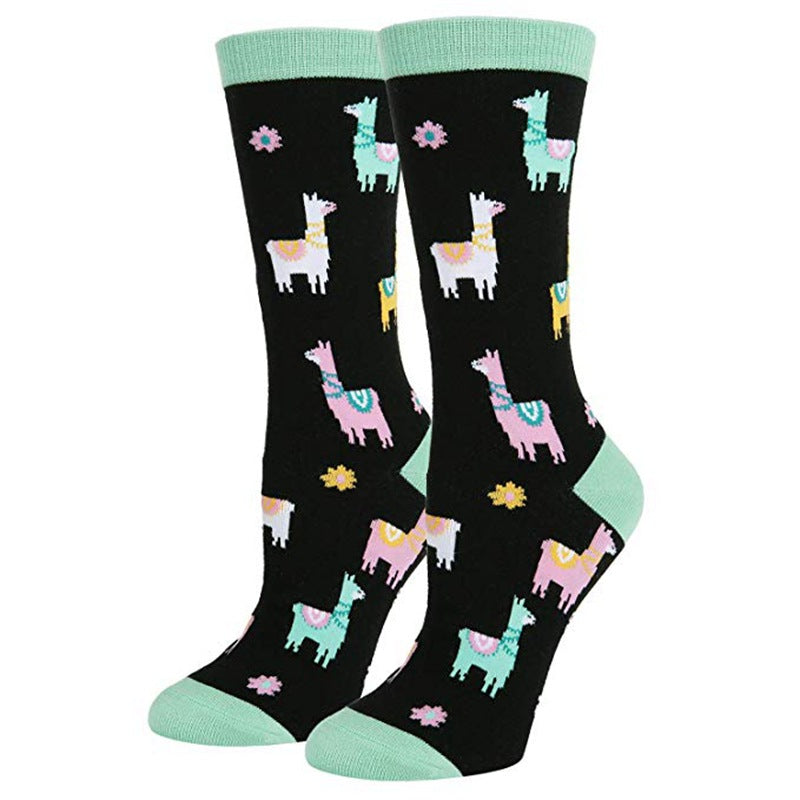 Alpaca Cartoon Printing Casual Women's Tube Socks Pure Cotton Holiday Gift Socks
