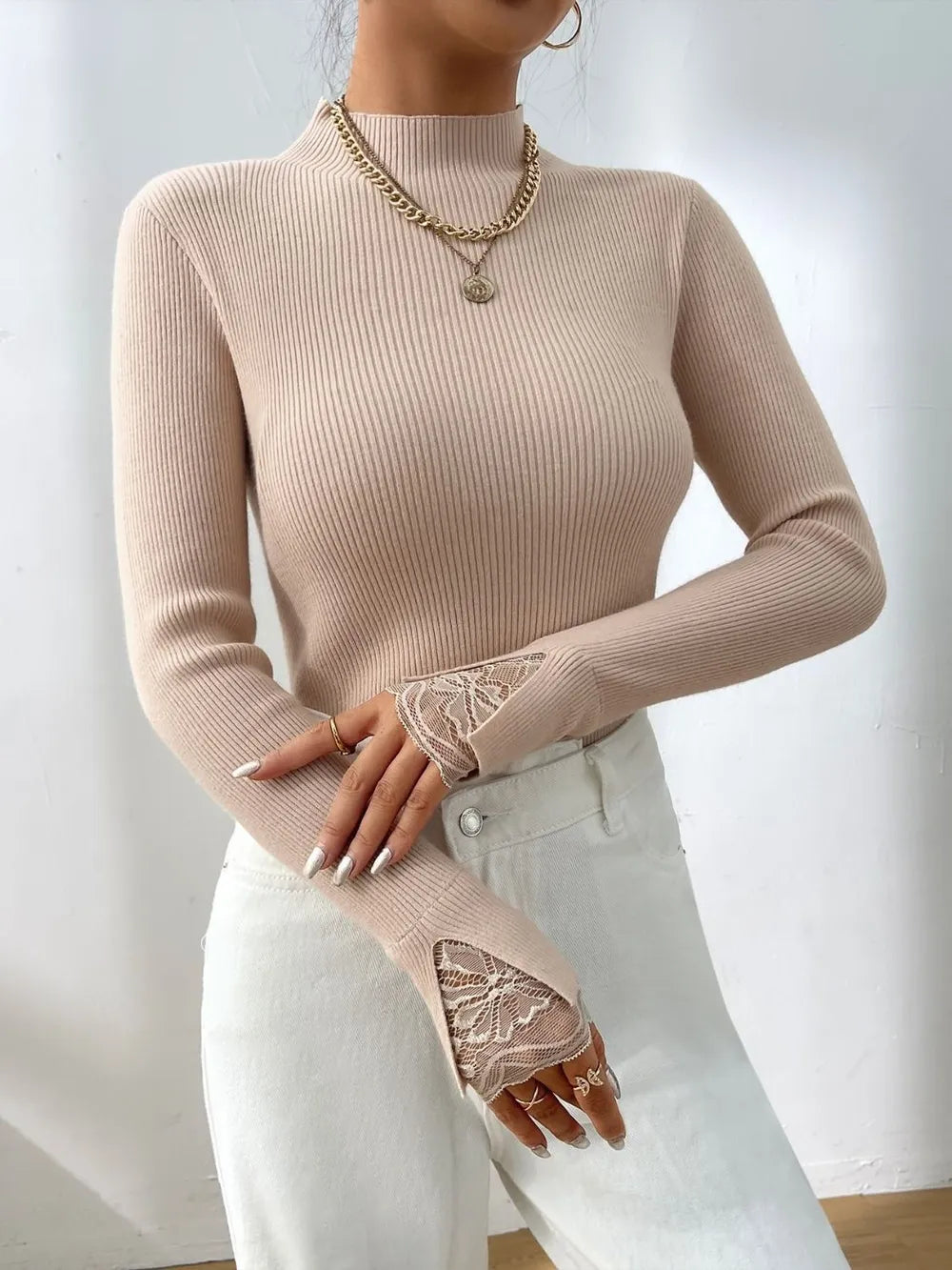 High neck solid color knitted base sweater with lace cuffs and slit long sleeves sweater