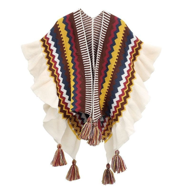 Women Sweater Bohemia Ruffles Printing Cardigans Sweaters Irregular Vintage Fashion Knitting Print Knitting Tops