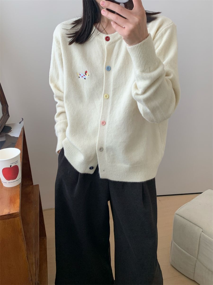 Maglione Donna Ricamo Cane Colorato Girocollo