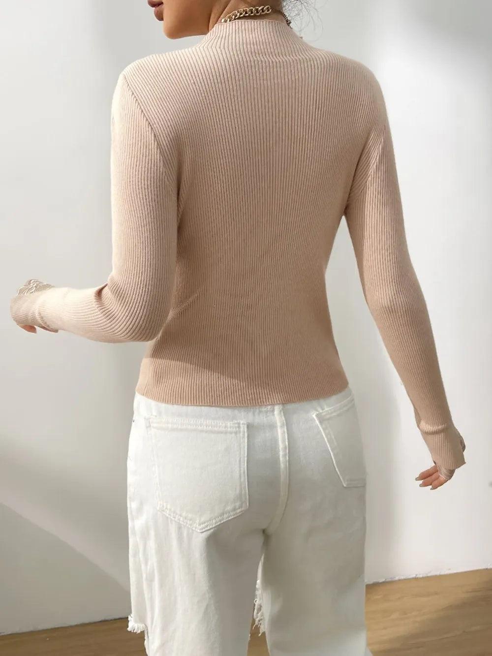 High neck solid color knitted base sweater with lace cuffs and slit long sleeves sweater