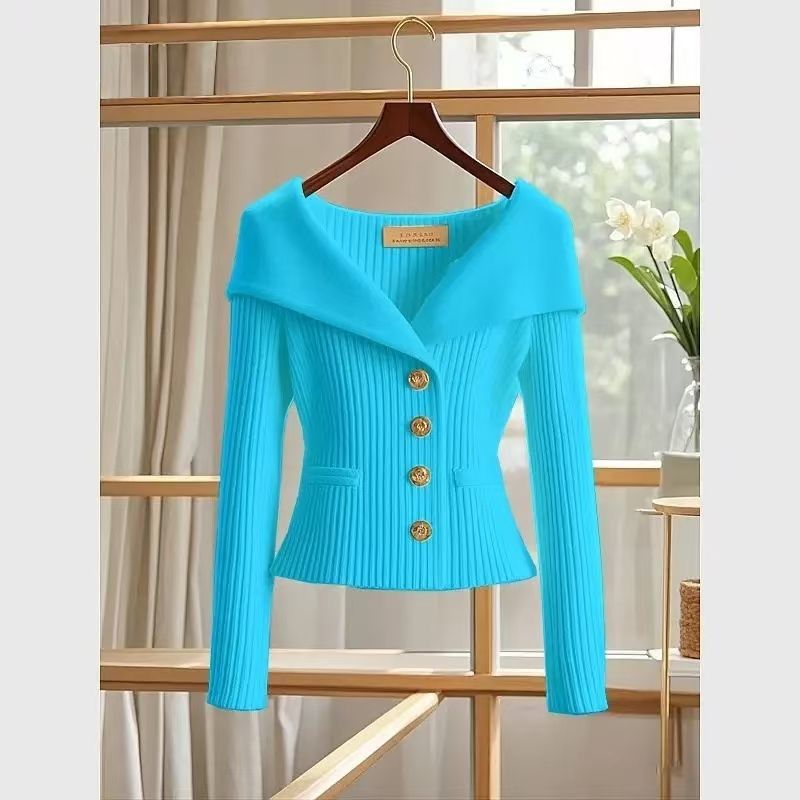 Knitted cardigan top design with button closure and waist closure sweater