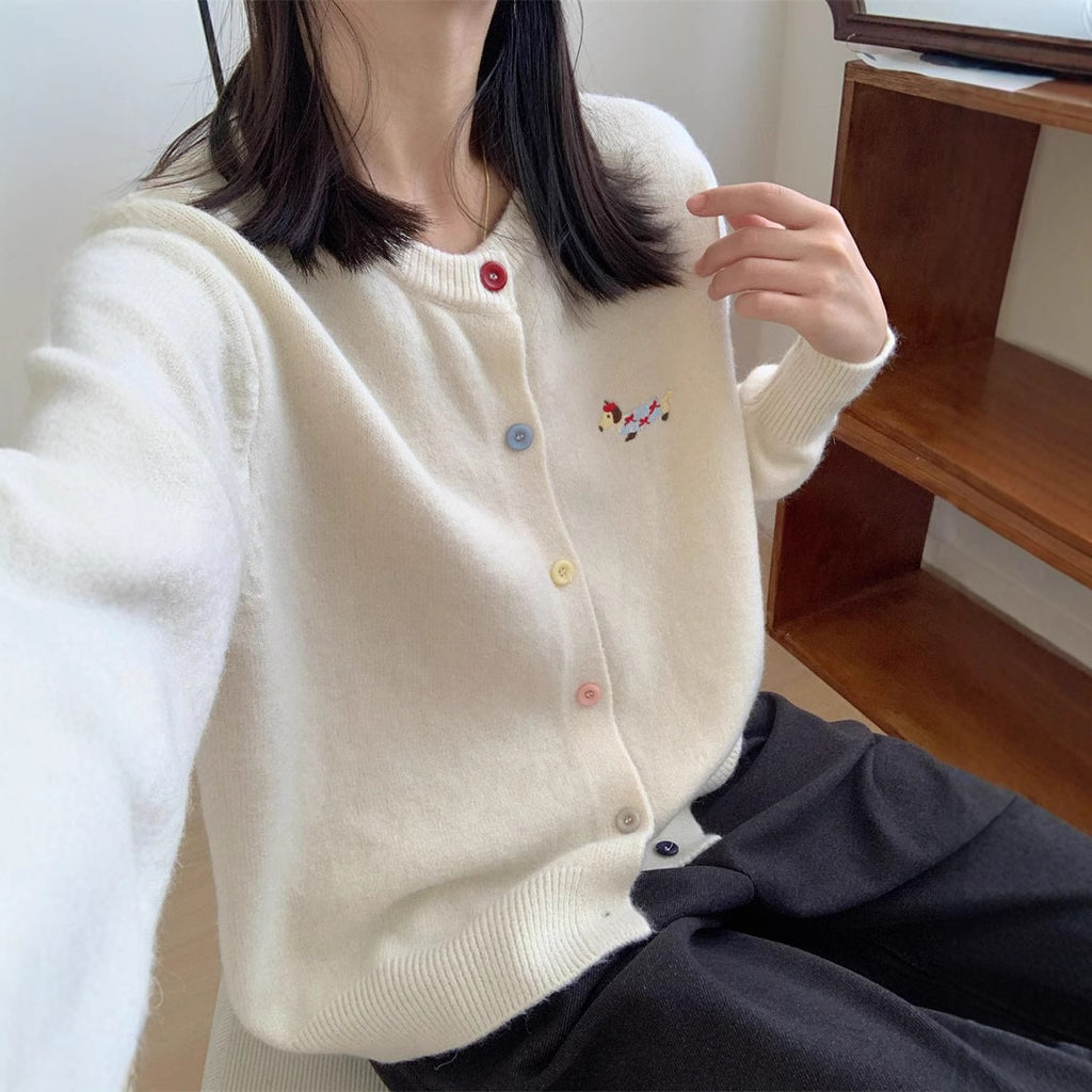 Maglione Donna Ricamo Cane Colorato Girocollo