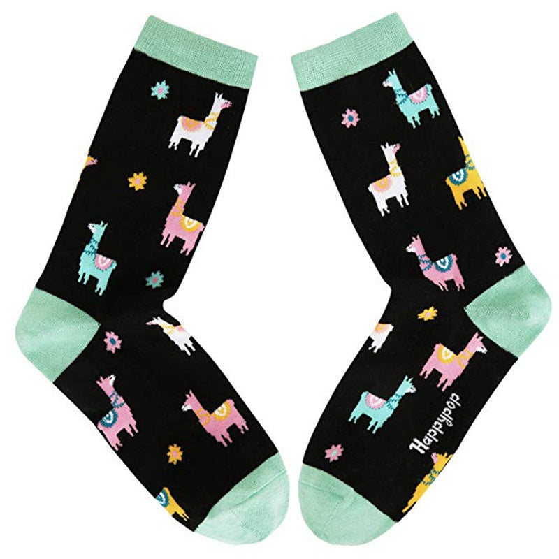 Alpaca Cartoon Printing Casual Women's Tube Socks Pure Cotton Holiday Gift Socks