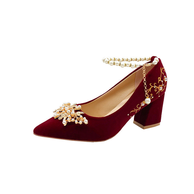 Wine Red Pointed Toe Chunky Heel Wedding Shoes For Women