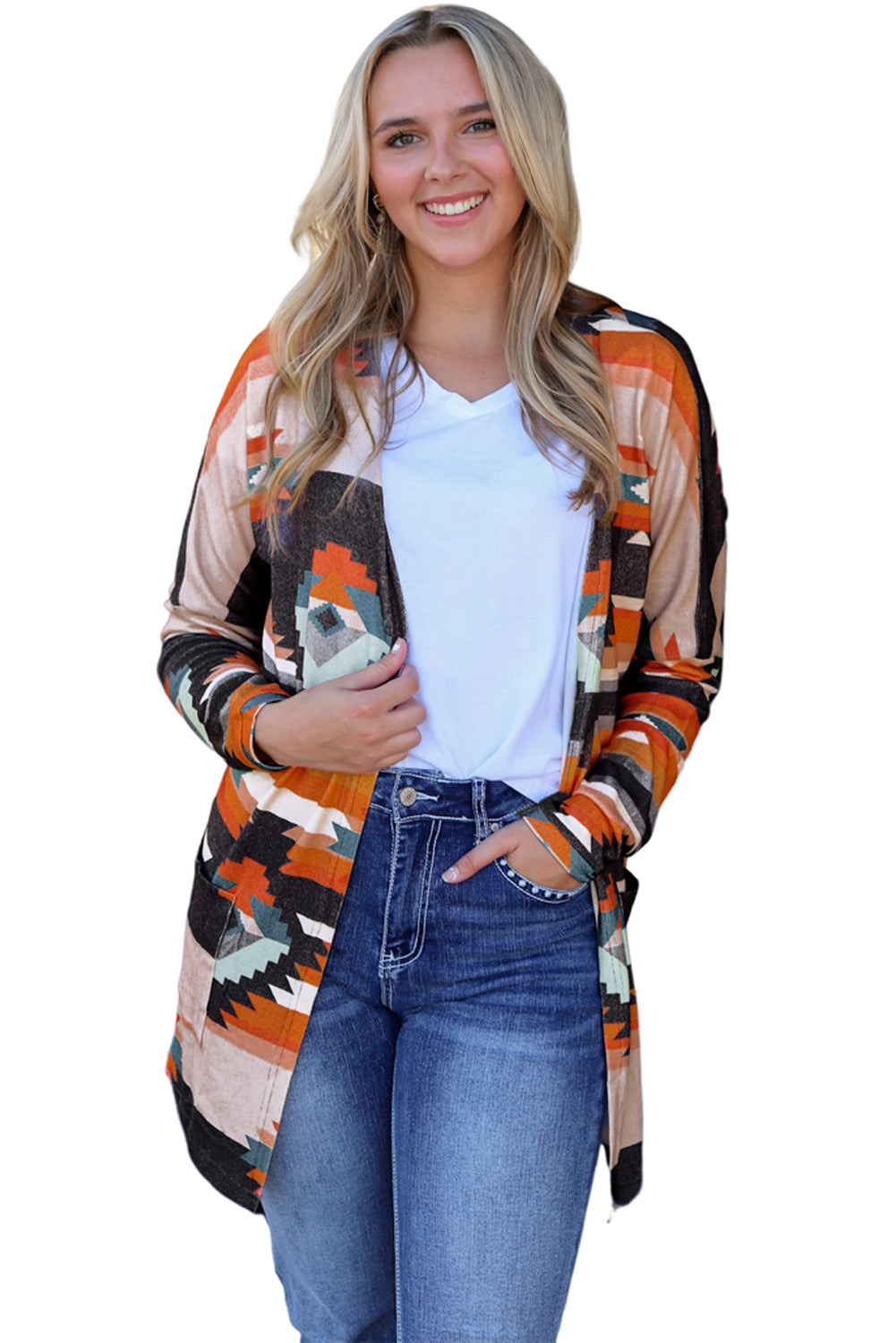 Cardigan Donna Arancione Stampa Azteca