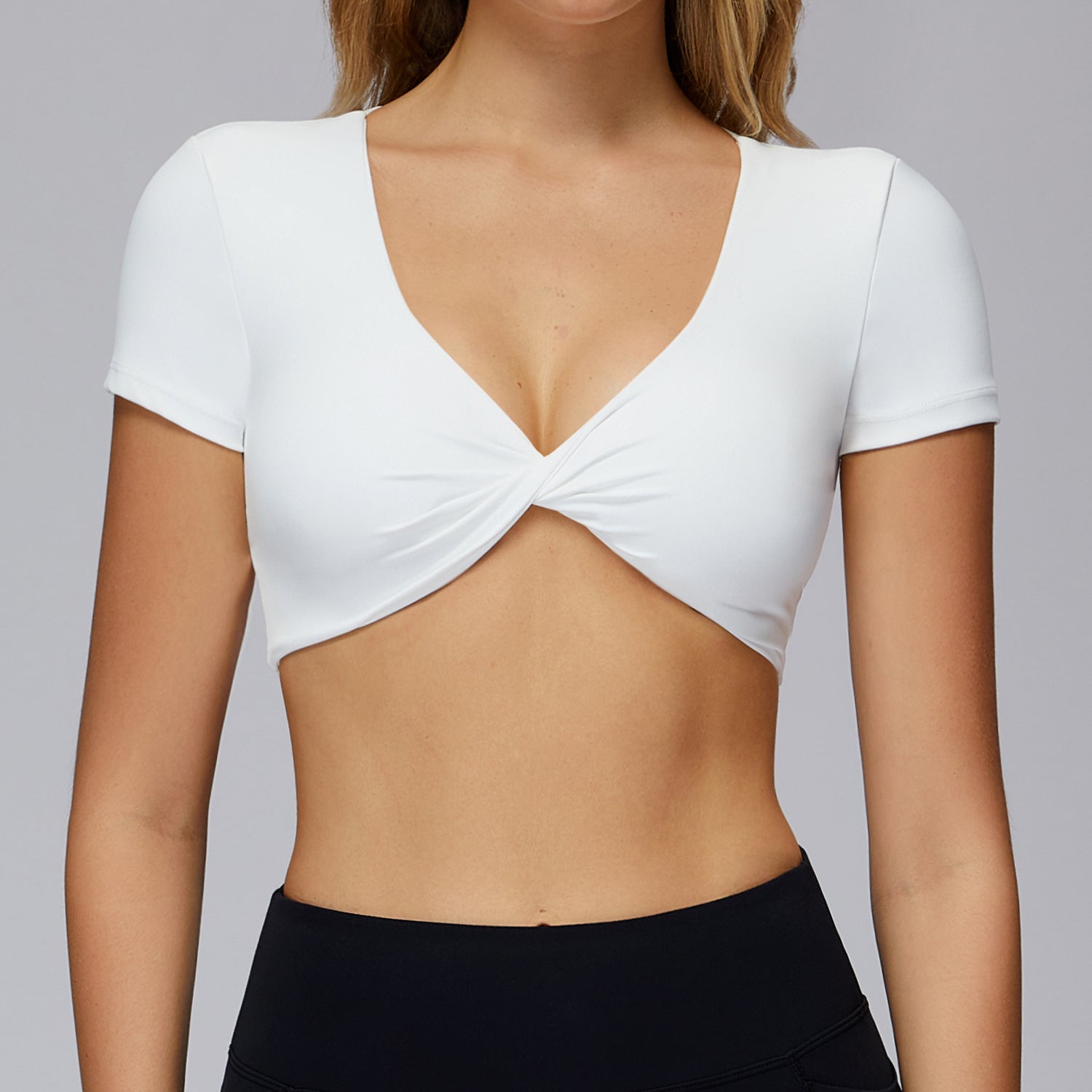 Pleated Yoga Short Sleeve V-neck Hollow Back Tight Top