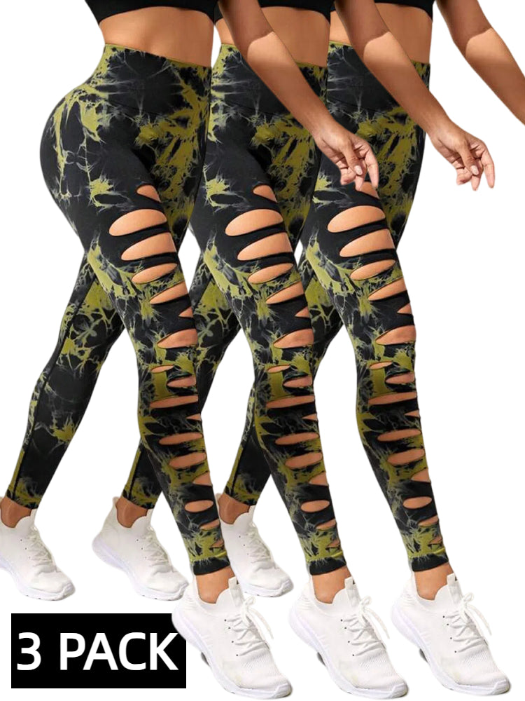 3 PACK Butt Lifting Yoga Gym Athletic Pants, Hollow Out Tummy Control Sports Leggings Tie Dye Running Pants